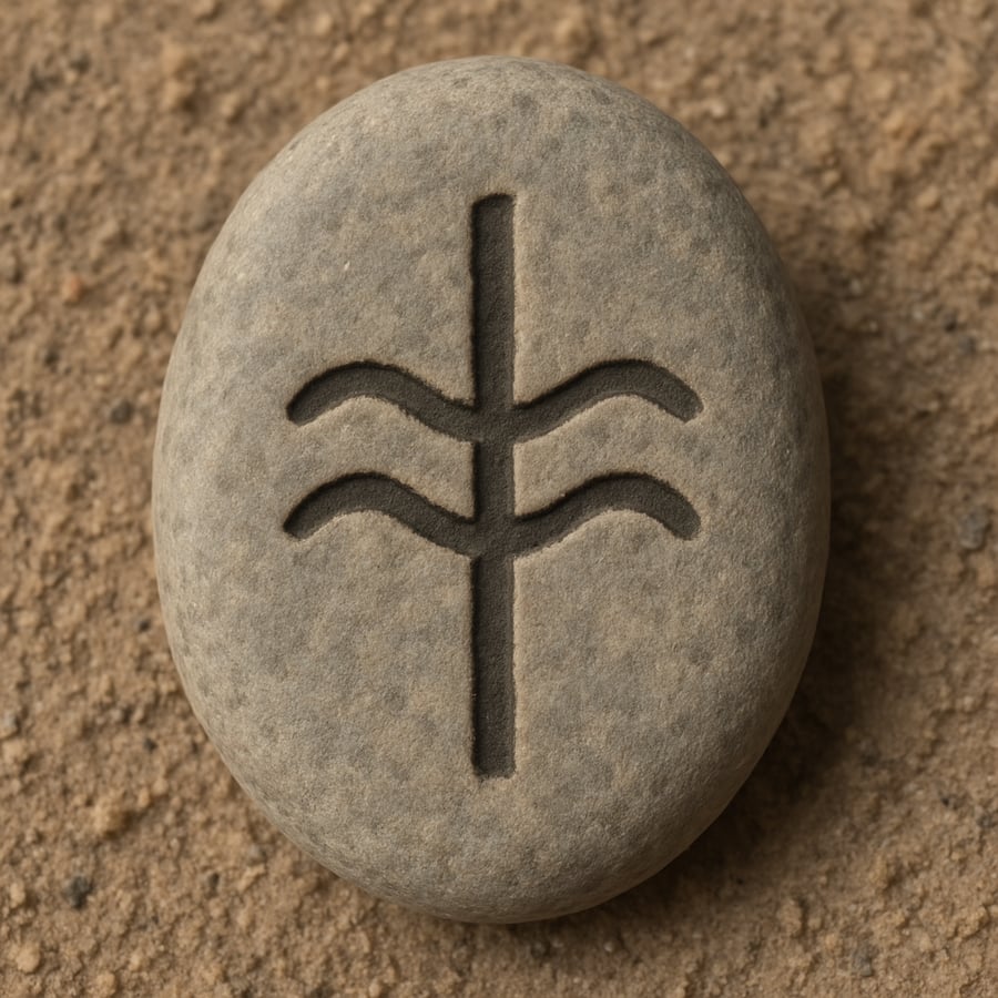 Engraved stone with a vertical line crossed by flowing horizontal waves representing the Rhythm transmission key from the Sanctum teachings of House of Veyrion.
