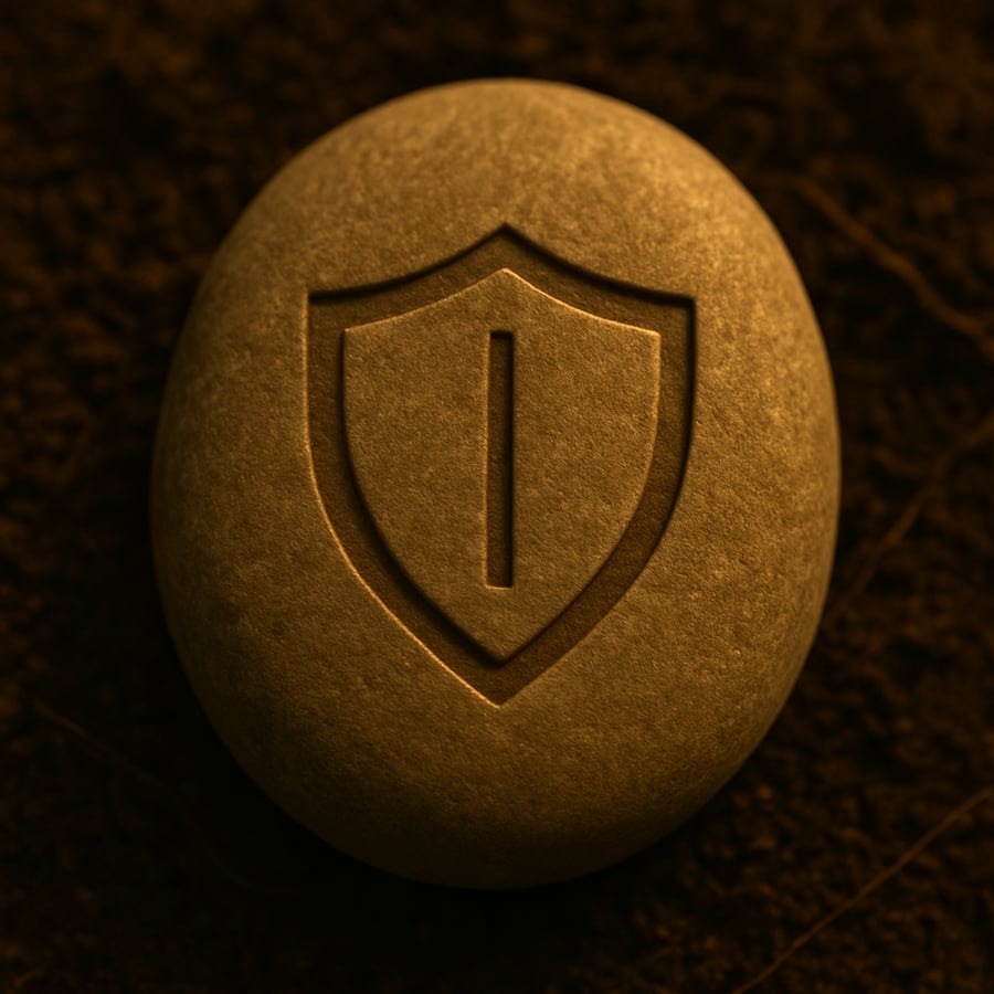 Engraved shield symbol on a smooth stone representing strength and defense from the Movement Stones of Aereth collection by House of Veyrion. Engraved shield symbol on a smooth stone representing strength and defense from the Movement Stones of Aereth collection by House of Veyrion.
