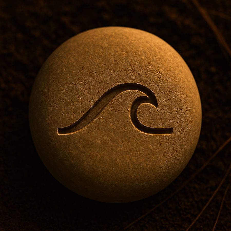 Engraved stone with a flowing shoreline wave symbol representing The Silent Shore threshold marker from the Pilgrimage of Becoming in House of Veyrion.