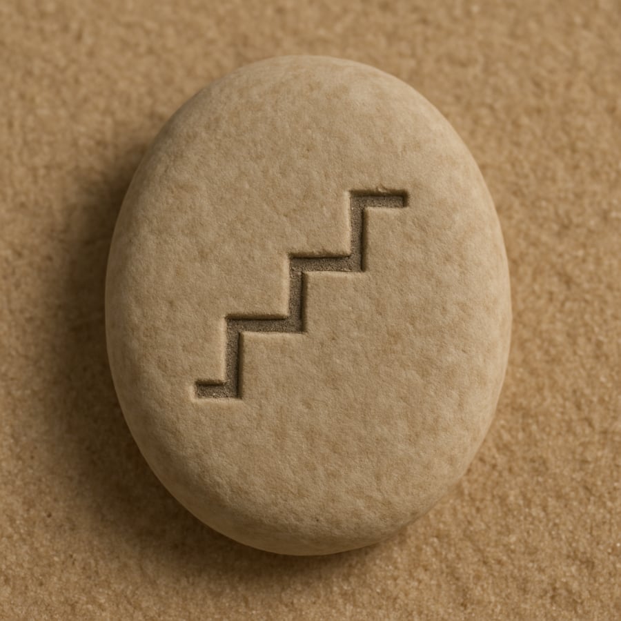 Engraved stone with a flowing line connecting two levels representing the Succession transmission key from the Sanctum teachings of House of Veyrion.