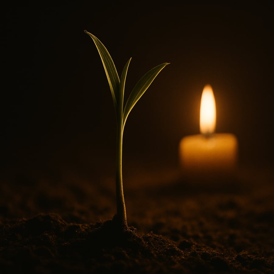 Young sprout emerging from soil with a candle glowing softly behind
