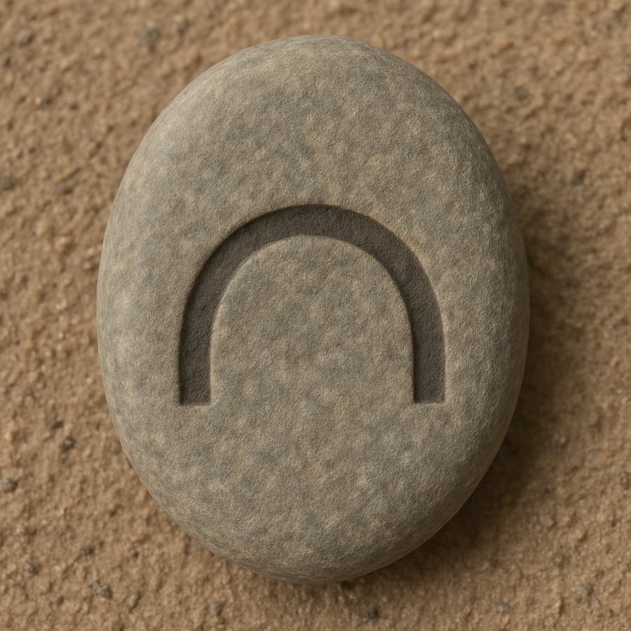 Engraved stone with a vertical line rising toward a curved arc representing the Threshold transmission key from the Sanctum teachings of House of Veyrion.