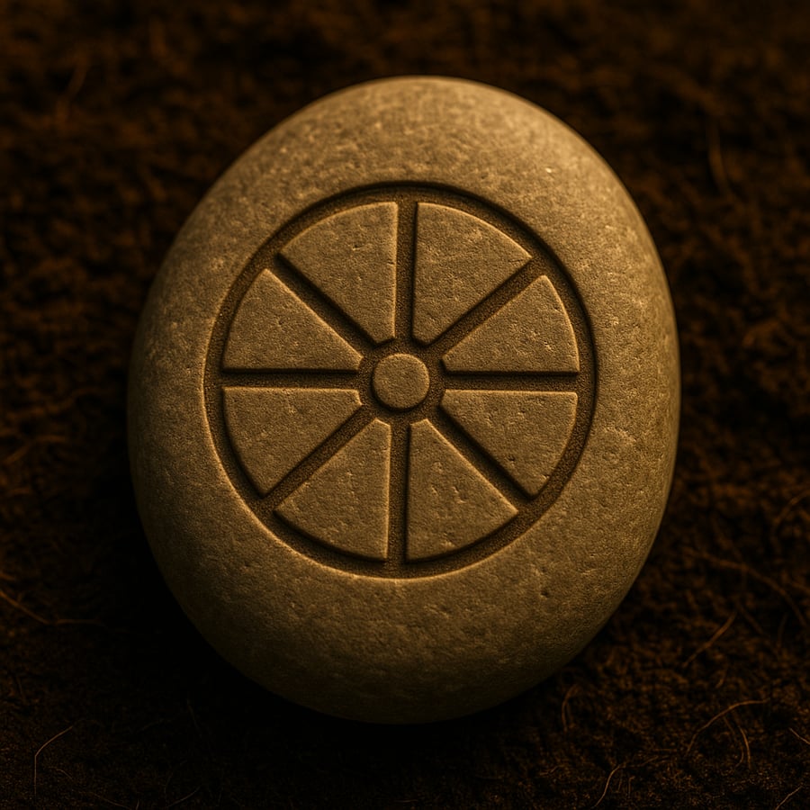 Engraved wheel symbol on a smooth stone representing cycles and rhythm from the Learning Stones of Aereth collection by House of Veyrion.