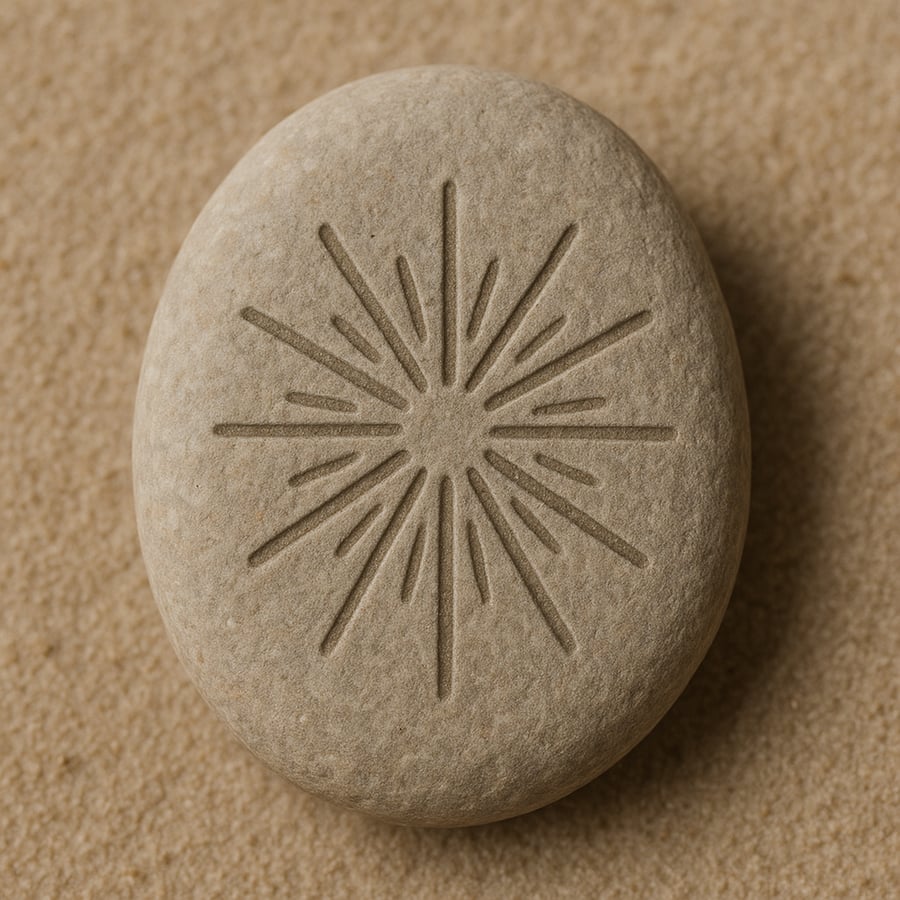 Engraved stone with a radiating symbol suggesting emerging direction representing the Visioneering transmission key from the Sanctum teachings of House of Veyrion.