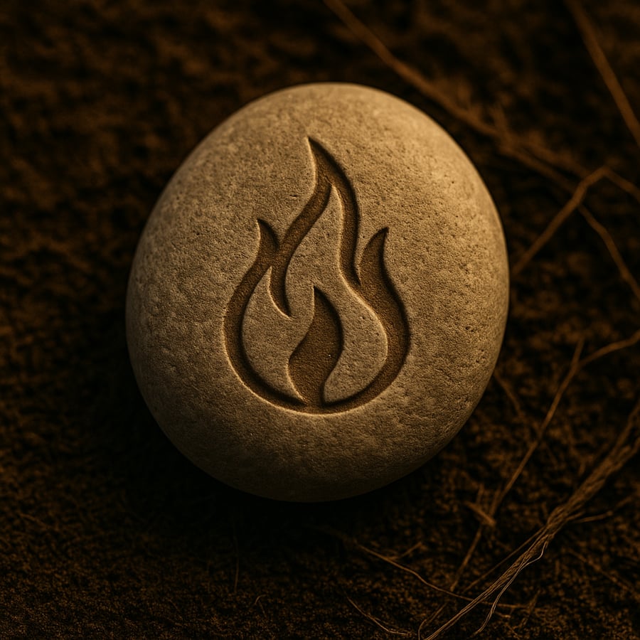Engraved stone bearing a flame symbol representing vitality, transformation and inner fire. Engraved stone bearing a flame symbol representing vitality, transformation and inner fire.