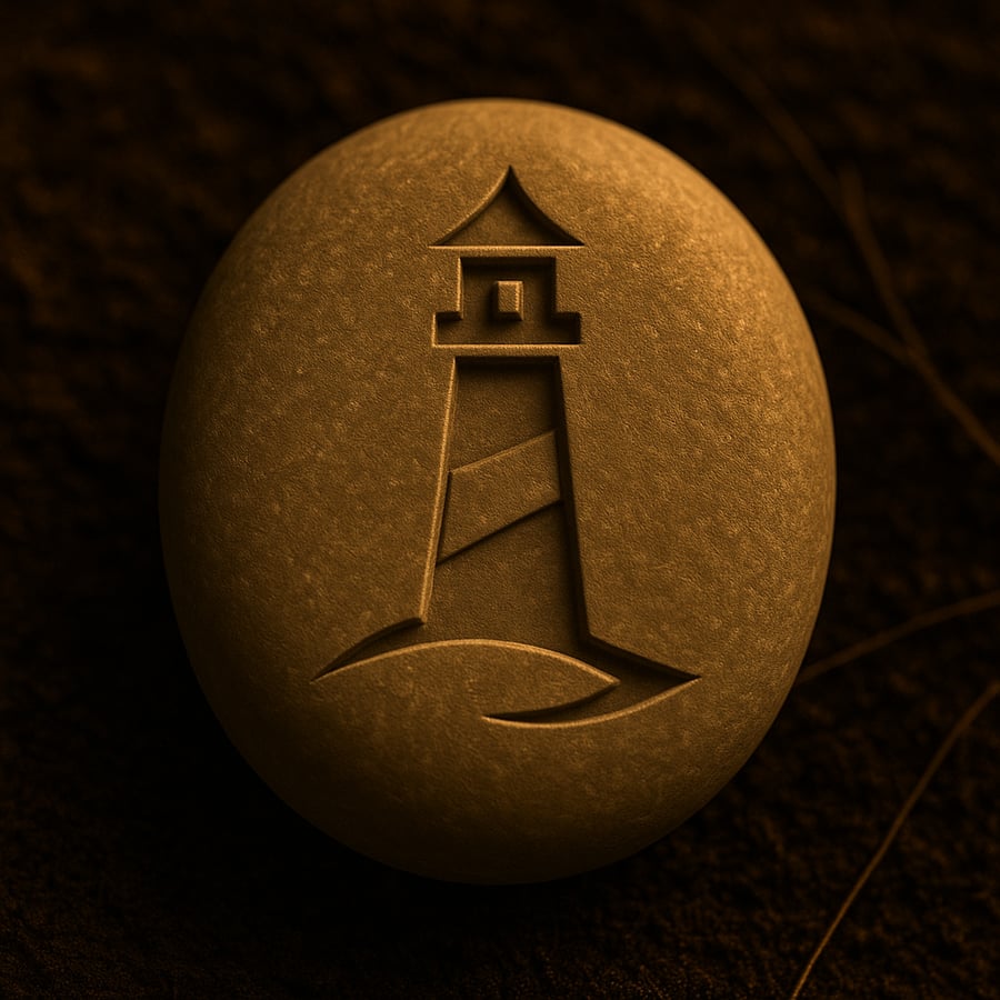 Engraved stone with a lighthouse symbol representing The Lighthouse threshold marker from the Pilgrimage of Becoming in House of Veyrion.