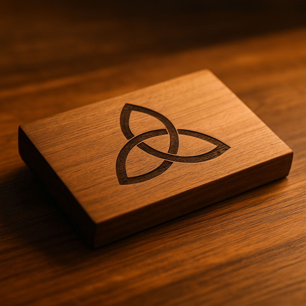 Finished geometric symbol carved into wood, resting on a wooden surface